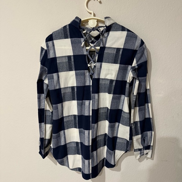 BCBGeneration Plaid Flannel Shirt Lace-up Back Button Front Navy Women’s Small - Picture 2 of 11